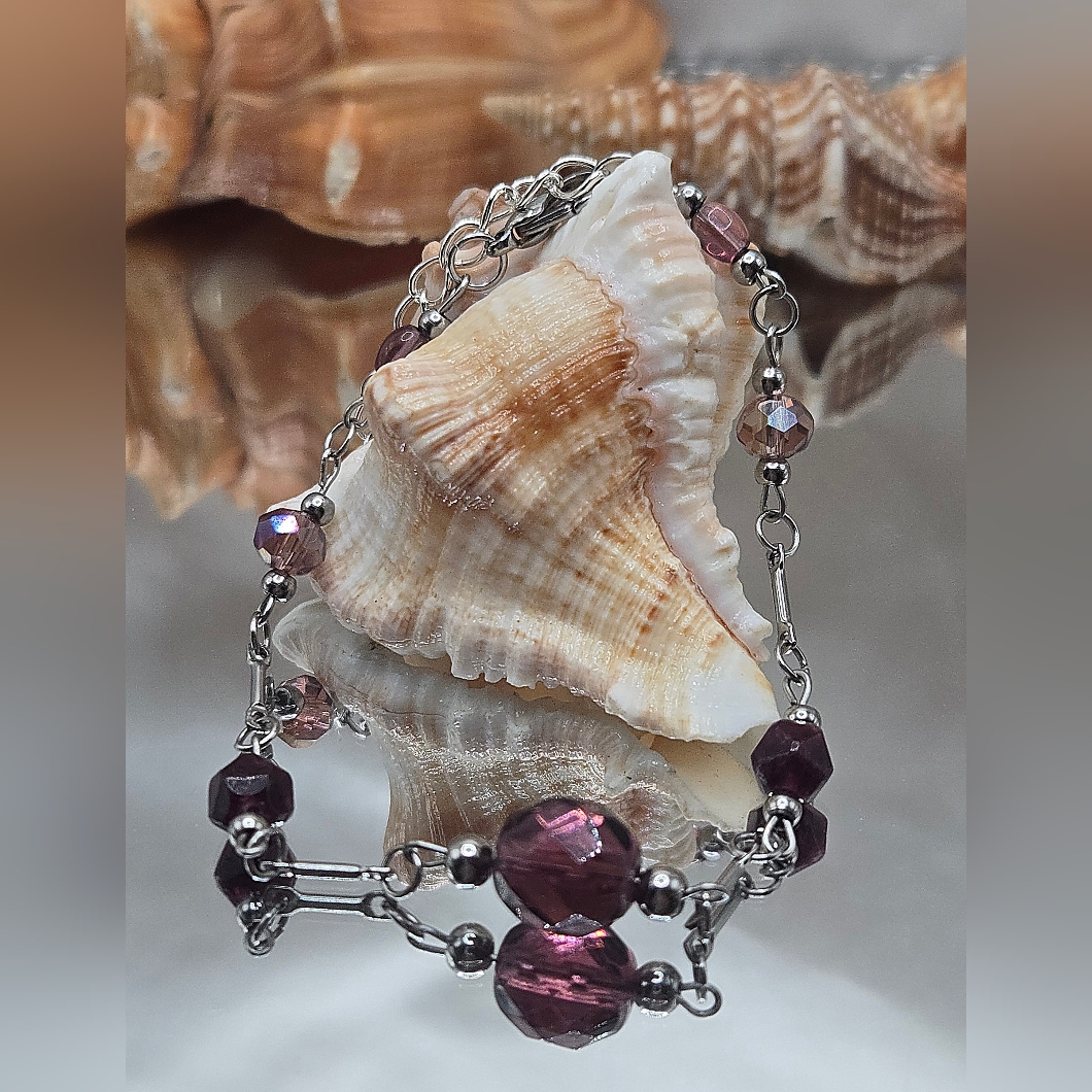 Elegant Silver And Purple Beaded Bracelet